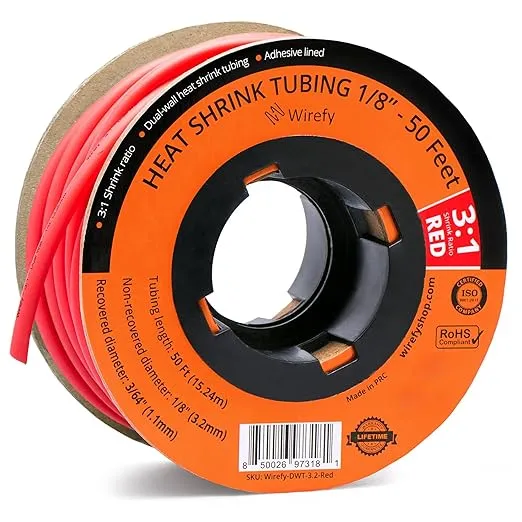 Wirefy 1/8" Heat Shrink Tubing - 3:1 Ratio - Adhesive Lined - a Resistant Heat Shrink - Red - 50 Feet Roll