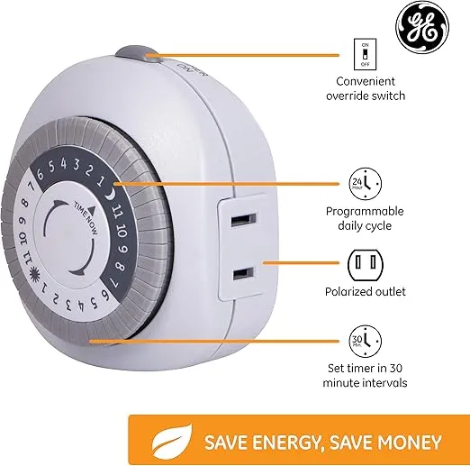 GE 24-Hour Basic Indoor Mechanical Timer, 1 Polarized Outlet Timer, Programmable Daily Cycle, 30-Minute Interval Timer Outlet, Two-Prong Light Timer, Plug Timer, Lamp Timer, White, 1 Pack, 15152