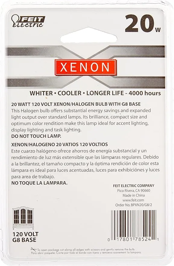 Feit Electric BPXN20/G8/2 Xenon 20-Watt 120-Volt T4-Shape G8 Bi-Pin-Base Halogen Light Bulb, 3000K Warm White, 2 Pack