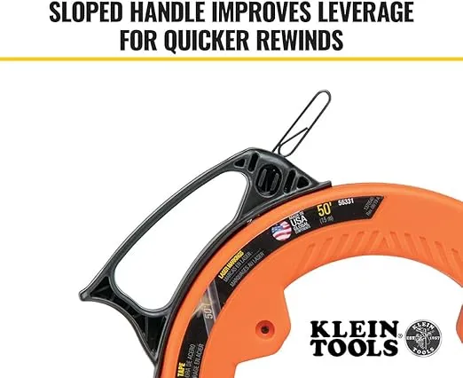 Klein Tools 56331 50-Foot Electrical Fish Tape, Steel Wire Puller with Double Loop Tip, Optimized Housing and Handle, 1/8-Inch