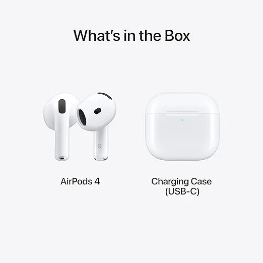 Apple AirPods 4 Wireless Earbuds, Bluetooth Headphones, Personalized Spatial Audio, Sweat and Water Resistant, USB-C Charging Case, H2 Chip, Up to 30 Hours of Battery Life, Effortless Setup for iPhone