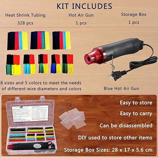 Wire Heat Shrink Tubing Kit + Mini Heat Gun for Shrink Tubing - 328pcs 2:1 Wire Shrink Wrap Tubing + 300W / 392℉ Heat Shrink Gun with Case - for Wires,Shrink Wrap and Cable Repair.