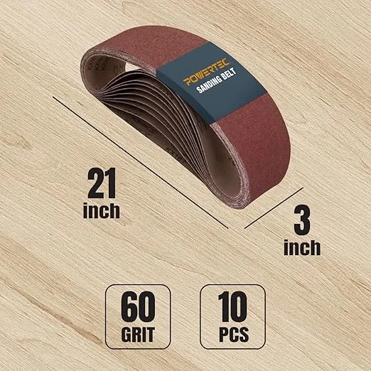 POWERTEC 3 x 21 Inch Sanding Belts, 60 Grit Aluminum Oxide Belt Sander Sanding Belt for Portable Belt Sander, Wood & Paint Sanding, Metal Polishing, 10PK (110470)