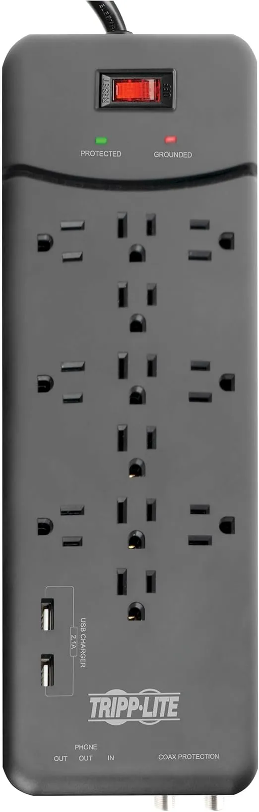 Tripp Lite TLP128TTUSBB 12 Outlet Surge Protector Power Strip, 2 USB Charging Ports, Tel/Modem/Coax Protection, 8ft Cord Right Angle Plug, Black, Lifetime Insurance & $150K Insurance
