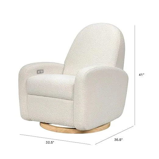 Babyletto Nami Electronic Power Recliner and Swivel Glider with USB Port in Ivory Boucle with Light Wood Base, Greenguard Gold and CertiPUR-US Certified