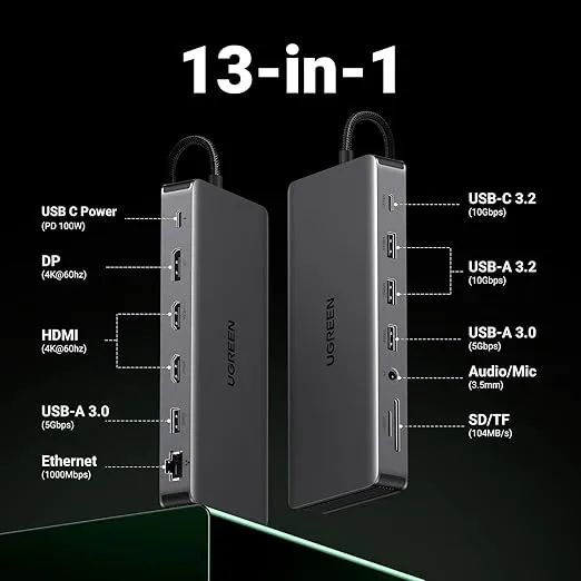 UGREEN Revodok Pro 313 Laptop Docking Station 13 in 1 4K Triple Display USB C Dock Dual HDMI, DP, 10Gbps Data Port 100W PD Gigabit Ethernet, SD/TF Card Reader Compatible for Thinkpad, Zenbook and more