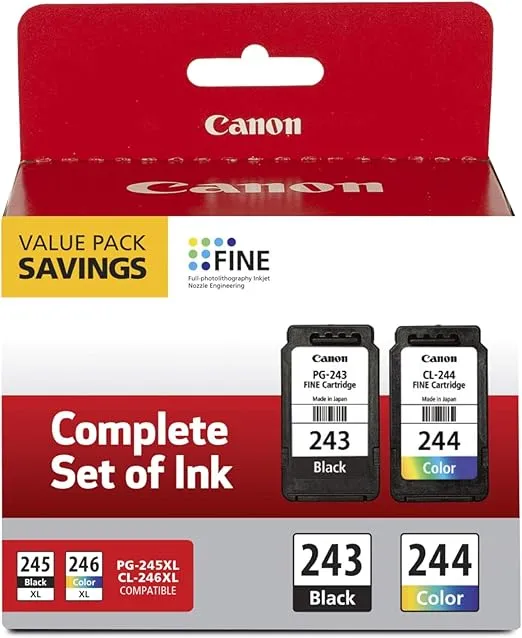 Canon PG-243 / CL-244 Genuine Ink Value Pack (2 Cartridges), Compatible with iP2820, MX492, MG2420/2520/2920/2922/2924/3020/2522/2525, TS3120/302/302a/202/4520/3320