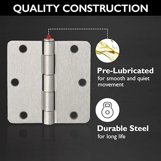 Door Hinges for Interior Doors 12-Pack 3.5-inch x 3.5-inch – Rounded 5/8-inch Radius Steel Door Hinge – Satin Nickel – Fits Standard Doors – Design House 188441