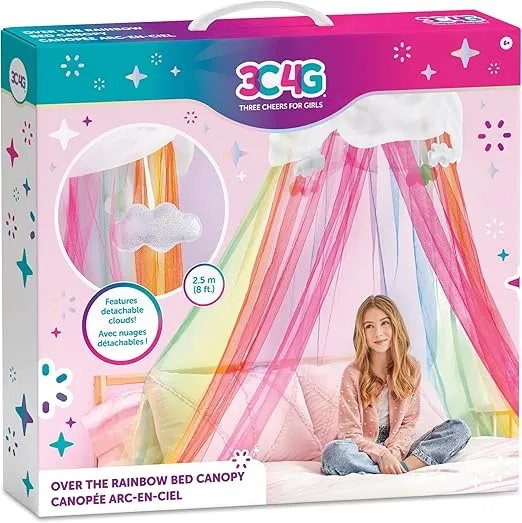 3C4G Three Cheers for Girls - Rainbow Bright Canopy - Rainbow Bed Canopy for Girls - Hanging Net Canopy for Beds, Chairs & Reading Corners - 8’ Height & 24’ Diameter Hoop - for Ages 6+