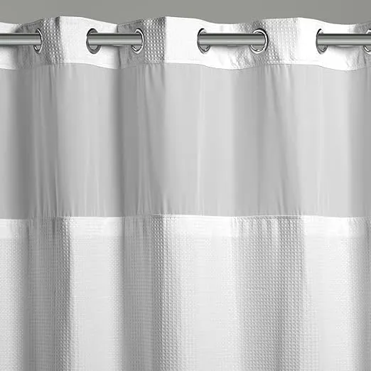 Hookless It’s A Snap! Waffle Shower Curtain, 3-in-1 Shower Curtain Includes Fabric Shower Curtain with Sheer Top Window, Flex-On Rings & Fabric Liner, 71” x 74”, White