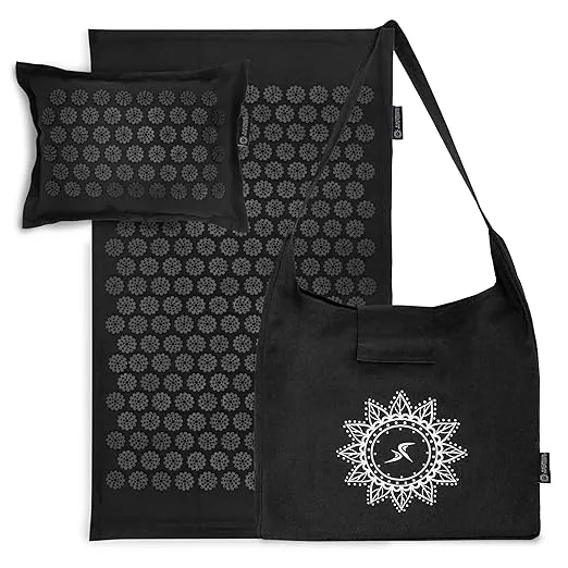 ProsourceFit Ki Acupressure Mat and Pillow Set with 100% Natural Linen for Back/Neck Pain Relief and Muscle Relaxation, Black Pearl