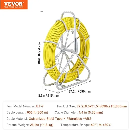 VEVOR Fish Tape Fiberglass, 1/4 in, Electrical Fish Tape 656ft, Duct Rodder Fishtape Wire Puller, Cable Running Rod with Steel Reel Stand 6MM x 200M