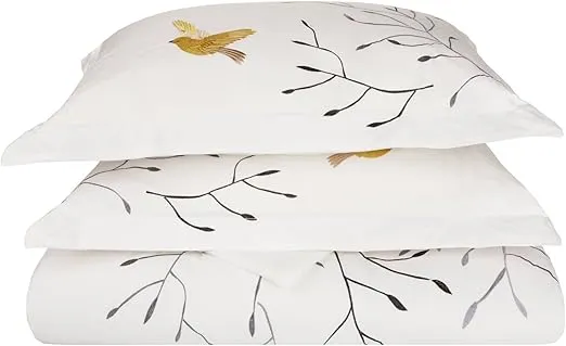 Superior 100% Cotton Percale Embroidered 3-Piece Duvet Cover Set, Full/Queen, Gold Swallow