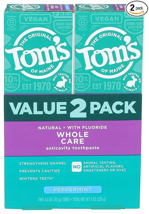 Tom's of Maine Whole Care Natural Toothpaste with Fluoride, Peppermint, 4 oz. 2-Pack (Packaging May Vary)