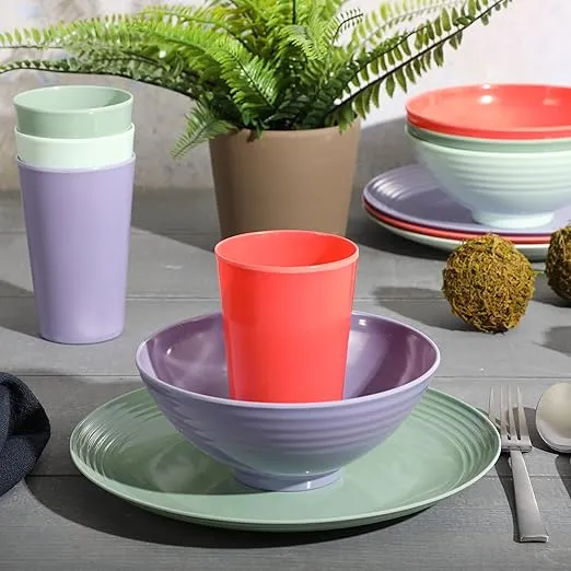 Gibson Home Zelly 12 Piece Embossed Coupe Melamine Dinnerware Set - Orange, Green, Teal, Purple, Service for Four (12pcs)