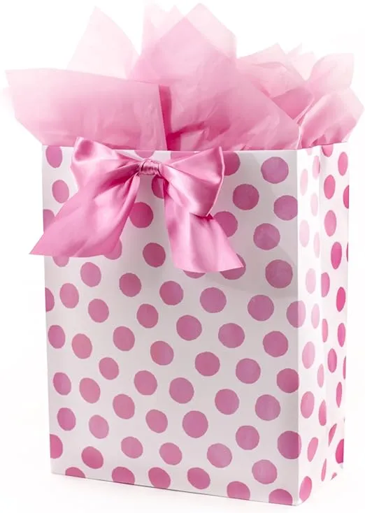 Hallmark 15" Extra Large Gift Bag with Tissue Paper (Pink Polka Dots and Bow) for Birthdays, Easter, Baby Showers, Bridal Showers, Any Occasion