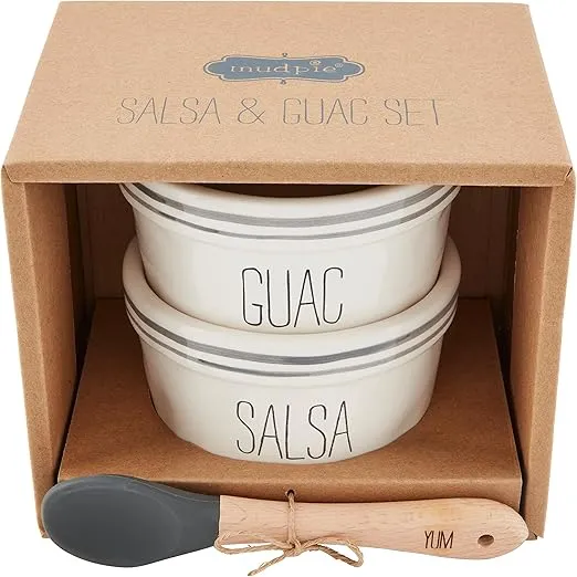 Mud Pie Bistro Salsa and Guac Set, ramekin 2 1/2" x 4" dia | spoon 5", WHITE