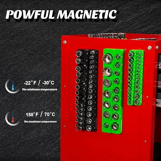 Magnetic Socket Organizer, 6 Piece Set Metric and SAE Magnetic Socket holders Holds 143 Sockets, 1/2-inch, 3/8-inch, 1/4-inch Drive, Attaches to Metal Wall, Organizer Tool Box, Green and Black