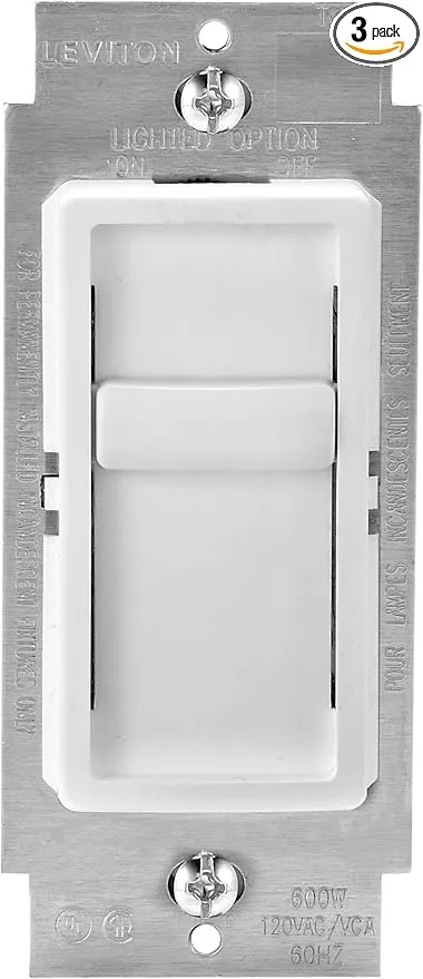 Leviton 6672-1LW SureSlide Universal 150W LED/CFL Incandescent Slide-To-Off Dimmer, 3 Pack, White