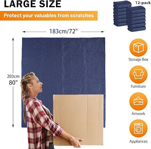 12 Moving Packing Blankets 80 x 72 Inches (35 lb/dz) Heavy Duty Moving Pads for Protecting Furniture Professional Quilted Shipping Furniture Pads (Dark Blue 12PCS)