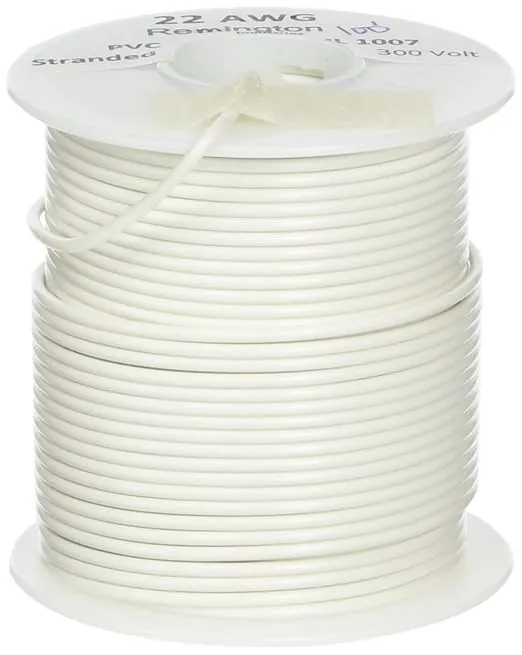 Remington Industries 22UL1007STRWHI UL1007 22 AWG Gauge Stranded Hook-Up Wire, 300V, 0.0253" Diameter, 100' Length, White