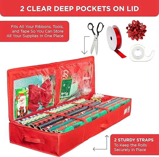 Premium Wrapping Paper Storage Container -Durable Material 600D tear-proof - Fits up to 27 Paper Rolls -Extra Pockets for Ribbons & Bows. Underbed Gift Wrap Organizer, Ideal for Holiday Christmas, etc