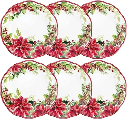 UPware Melamine Dinner Plate Set of 6, BPA-Free Dishwasher Safe Round Plates Dinner Dishes for Main course, Pasta, and Salad, 11 Inch Dinner Plates (Poinsettias)