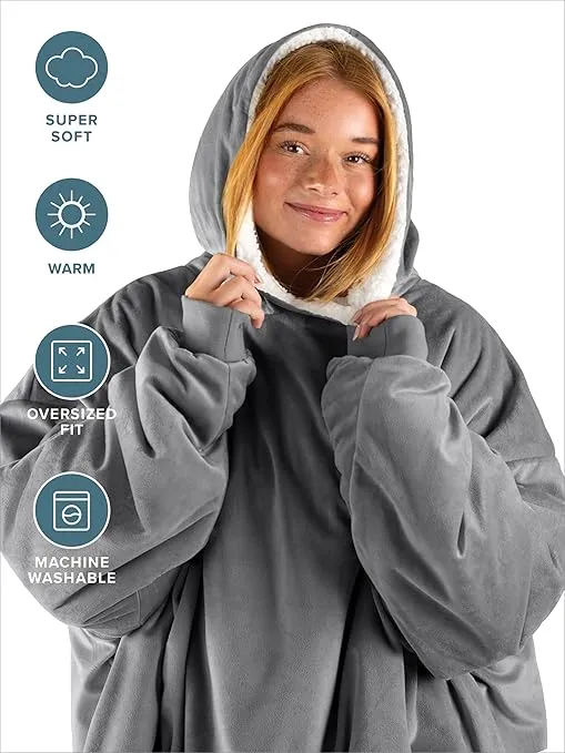 Bare Home Wearable Blanket Hoodie - Soft Plush Sherpa - Warm and Cozy - Oversized Wearable Blanket - Adult & Kid Sizes