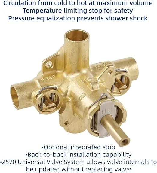 2570 Pressure Balancing Cycling Tub and Shower Valve 1/2 Inch CC Connections, 4-Ports With Stops, Upgraded Heavy-Duty Lead-Free Copper Compatible With Moen Posi-Temp Shower and Valve Trim Kit OEM