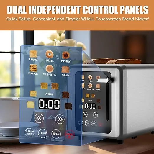 WHALL® Touch Screen Toaster 2 Slice, Stainless Steel Digital Timer Toaster, 6 Bread Types & 6 Shade Settings, Smart Extra Wide Slots Toaster With Bagel, Cancel, Defrost Functions