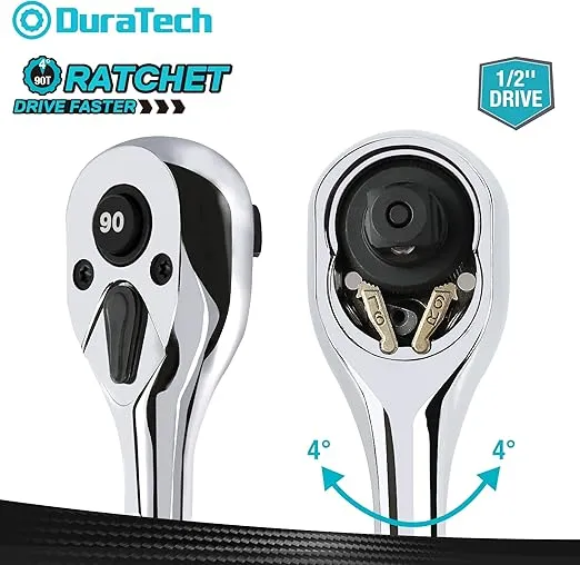 DURATECH 1/2-Inch Drive Ratchet, 90-Tooth Quick-release Ratchet Wrench, Reversible, Chrome Alloy Made, Full Polished, Gifts for Men Gifts for Women Gifts for Dad