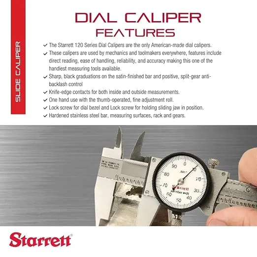 Starrett 120 Series Dial Slide Caliper for Accurate Measurement Without Case - White Face, 0-12" Range, +/-0.001" Accuracy, 0.001" Graduations - 120-12