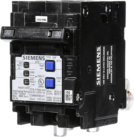Siemens 2-Pole 120-Volt Combination Type Arc Fault Circuit Interrupter, 20 AMP