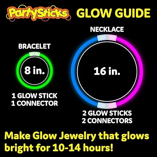 PartySticks 100 Ultra Bright Glow Sticks Bracelets and Necklaces - Premium Glow in the Dark Party Supplies and Decorations - Bulk 8" Glowsticks Party Favors Pack