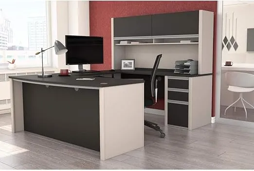 Bestar Connexion U-Shaped Workstation with Three Drawers, 72W, Slate/Sandstone