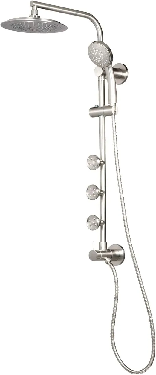 PULSE ShowerSpas 1089-BN Lanai Shower System, 8" Rain Showerhead, 5-Function Hand Shower, 3 Body Spray Jets, Adjustable Slide Bar, Brushed Nickel