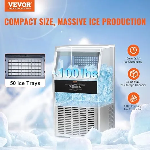 VEVOR Commercial Ice Maker Machine, 100lbs/24H Ice Maker Machine with 33lbs Storage Capacity, 50 Ice Cubes in 12-15 Minutes, Built in Electric Drain Pump Ice Maker for Bar Home Office Restaurant