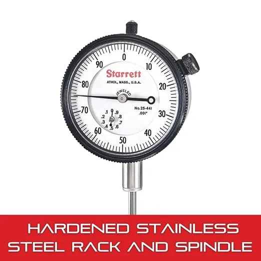 Starrett 25 Series Dial Indicator with Jewel Bearings and Lug-On-Center Back - White Face, 0-1.000" Range, 0-100 Dial Reading, .001" Graduations - 25-441J