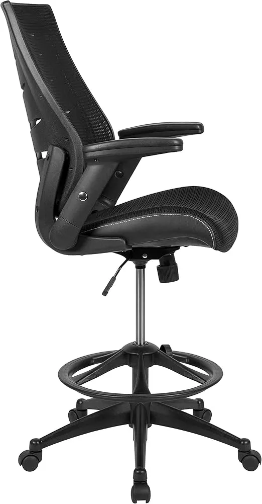 Flash Furniture Kale High-Back Ergonomic Mesh Office Chair with Flip-Up Arms and Adjustable Foot Ring, Spine-Back Tall Executive Swivel Chair, Black