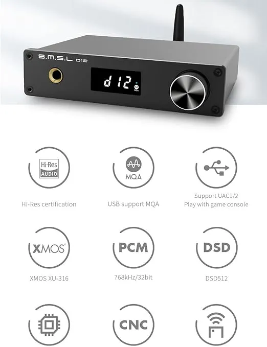 S.M.S.L D12 Audio DAC Mini HiFi Audio Decoder DAC Input USB/Coaxial/Optical Output RCA/Headphone Amplifier DSD512 32-bit 768KHZ for PS5 Switch Support MQA (Black)