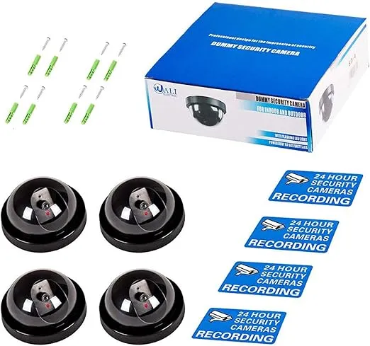 WALI Dummy Fake Security CCTV Dome Camera with Flashing Red LED Light with Security Alert Sticker Decals (SD-4), 4 Packs, Black