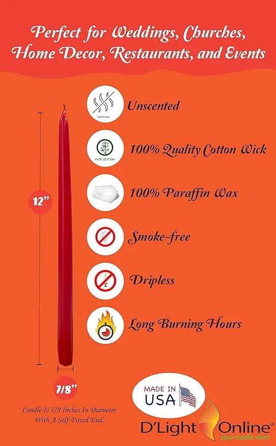 D'light Online Elegant Unscented 12" Red Taper Candles Premium Quality Hand-Dipped Tapered Candles, Dripless and Smokeless - Set of 12 Individually Wrapped (12 Inch, Red)