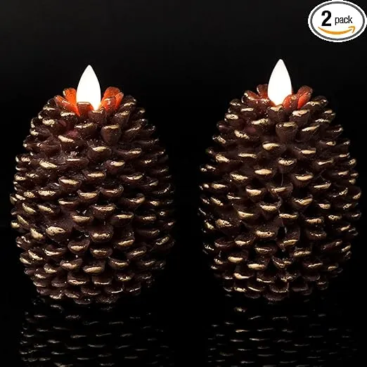 Wondise Flameless Candles with Timer, Battery Operated Flickering Wick Real Wax Pine Cone Candles for Holiday Indoor Decoration, Set of 2, Brown(D3.5 x H4.7 Inch)