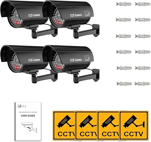 WALI Bullet Dummy Fake Surveillance Security CCTV Dome Camera Indoor Outdoor 1 Flashing LED Light and Security Alert Sticker Decals (B1-4), Black, 4 Pack