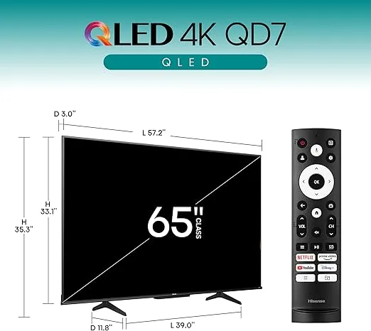 Hisense 65-Inch Class QD7 Series QLED 4K UHD Google Smart TV (65QD7N, 2024 Model) - QLED, Native 144Hz, Motion Rate 240, Direct Full Array, Game Mode Pro, Alexa Compatibility