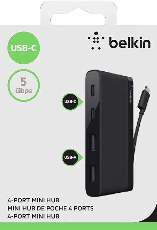 Belkin 4-Port USB C Hub - Ultra Portable Design - USB Type C Hub Docking Station With Two USB C & Two USB A Ports - USB Hub Connects Via USB C Cable - USB Adapter - No Pass-Through Charging