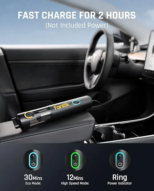 Fanttik Slim V8 Mate Cordless Car Vacuum Suction Power 12000Pa, Portable Mini Vacuum with Flexible Hose and Pet Brush, Type-C Charge, Portable Vacuum for Car, Office Desk, Keyboards, Black