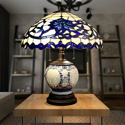 Warehouse of Tiffany DYL451-743 Akiko 3-Light Blue Glass 21-inch Double-lit Tiffany-Style Table Lamp, White