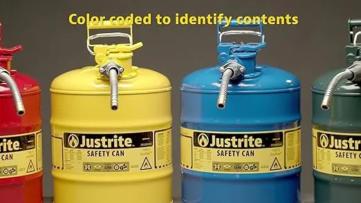 Justrite 5 Gallon Type II Red Safety Gas Can for Gasoline with Flame Arrester, Self-Closing Lid, and 5/8" Flexible Metal Spout, Made in the USA, Galvanized Steel Flammable Storage Can, 7250120
