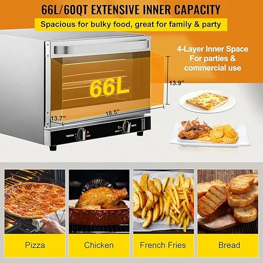 VEVOR Commercial Convection Oven, 66L/60Qt, Half-Size Conventional Oven Countertop, 1800W 4-Tier Toaster w/Front Glass Door, w/Trays Wire Racks Clip Gloves, 120V